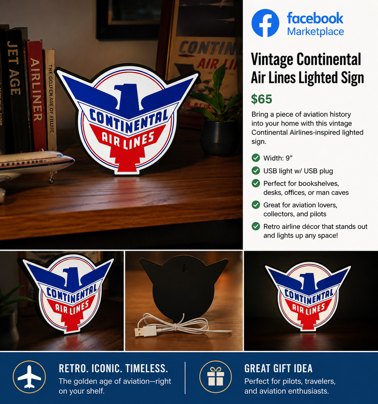 Vintage Continental Airlines LED Lighted Sign – USB Powered Aviation Decor – 9” Vintage Continental Airlines LED Lighted Sign – USB Powered Aviation Decor – 9”