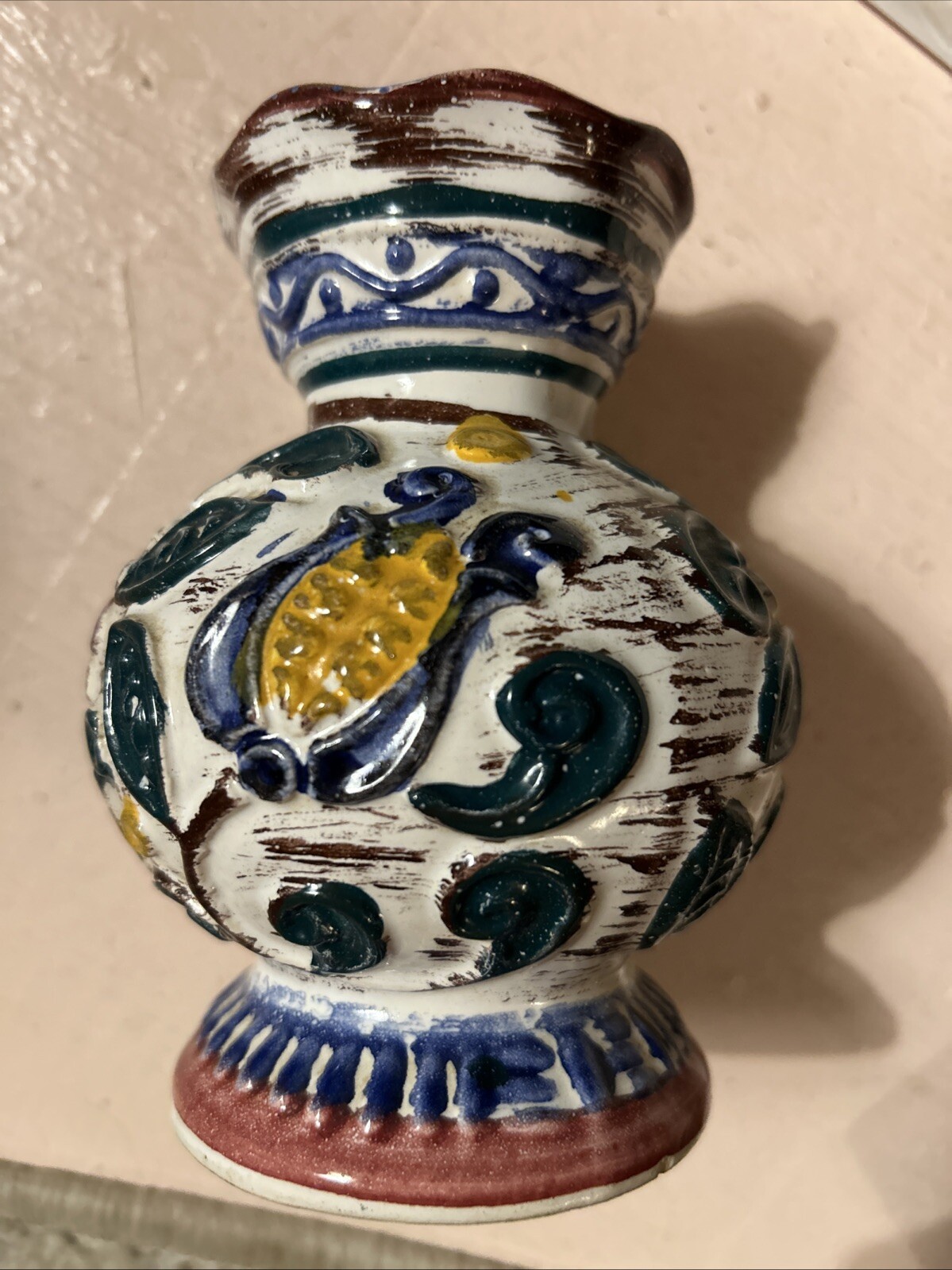 Vintage West Germany Flower Vase 1962 Pottery Painted Flowers Floral German Old
