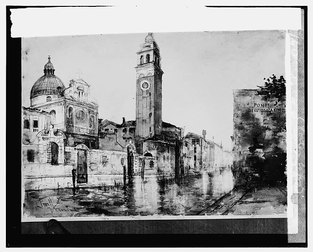 Venice Italy 1926 Saint Bartoli watercolor canal bell tower church /final