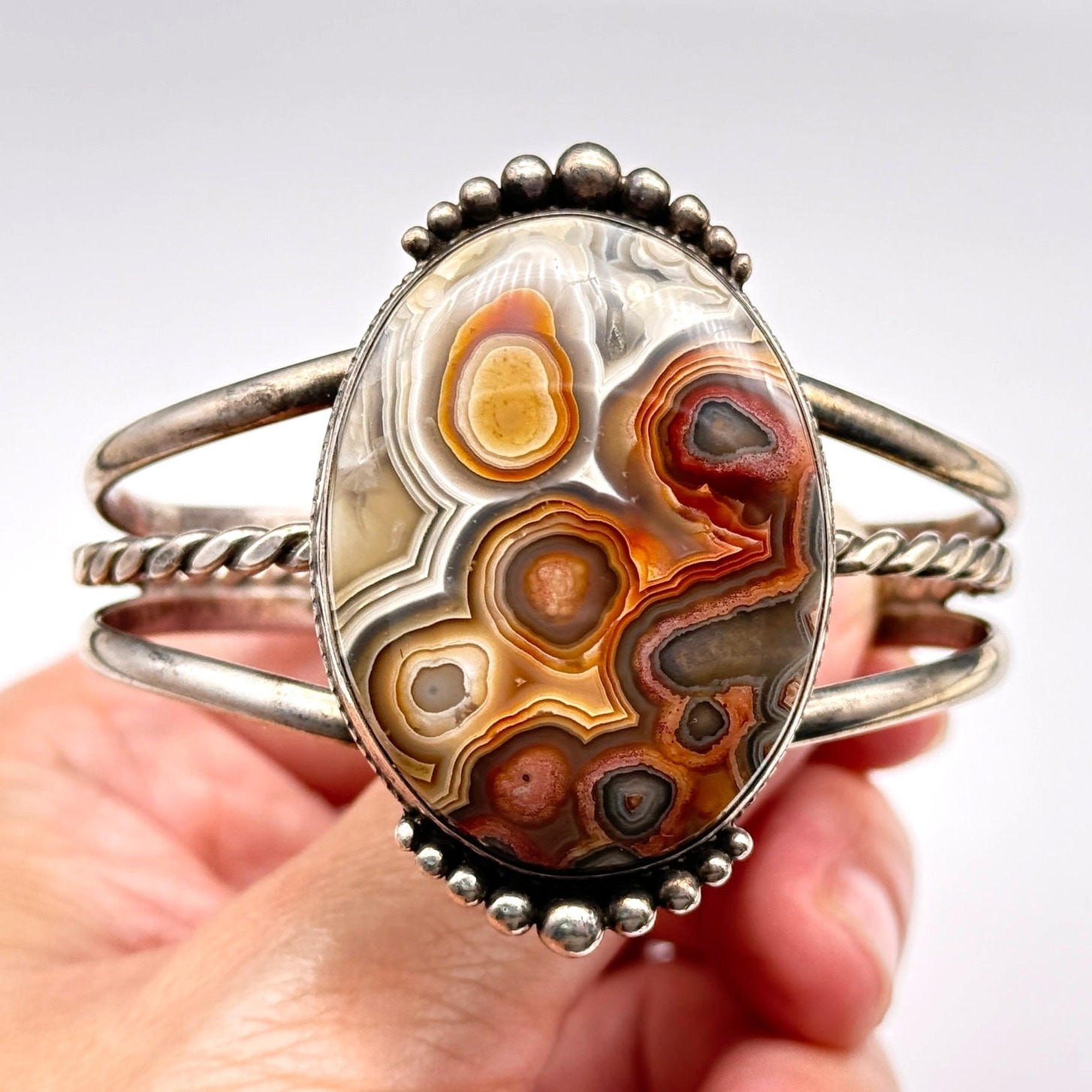 Vintage Southwestern Crazy Lace Agate Silver Cuff Bracelet 6.875\