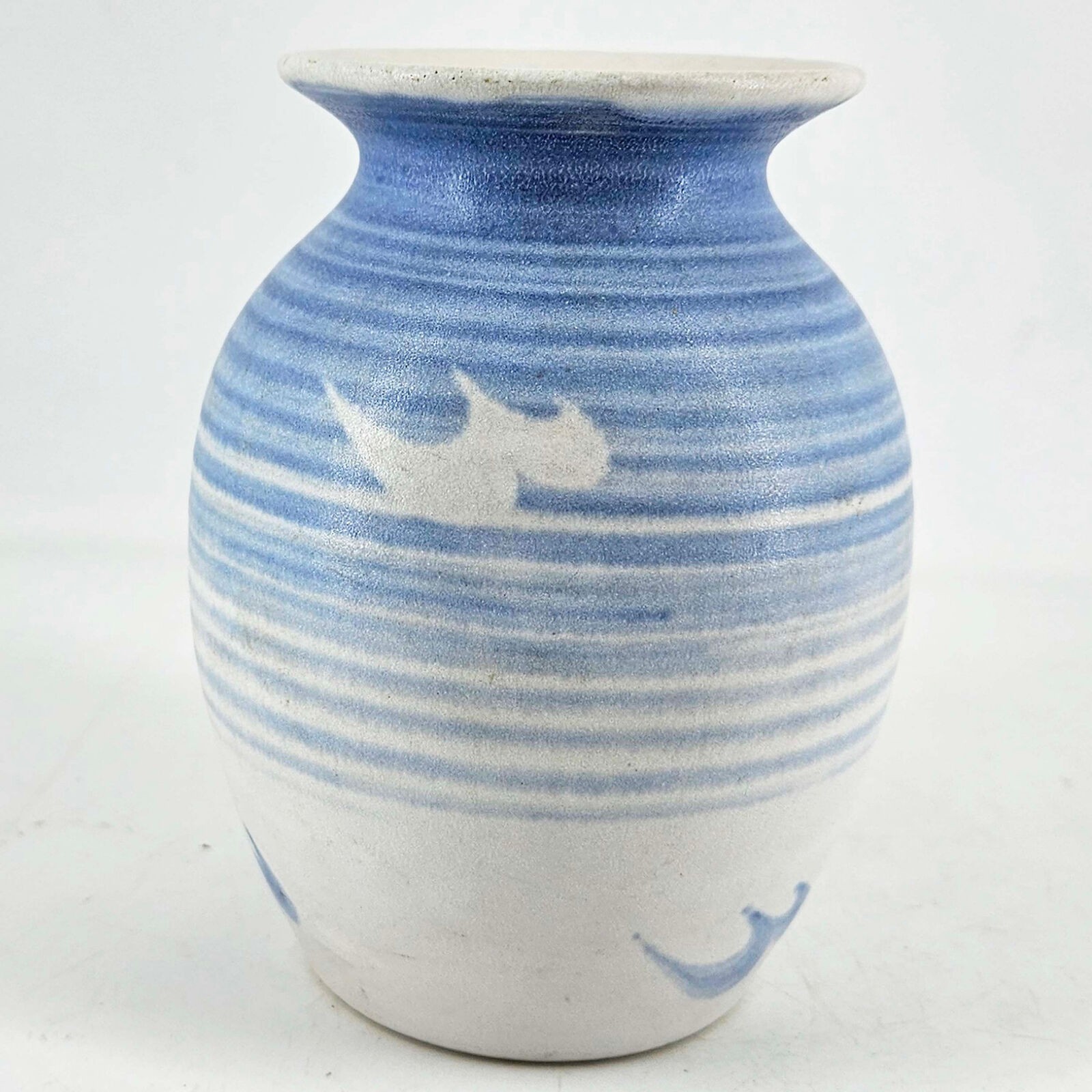 Vintage Signed Studio Art Pottery blue white abstract seagull vase
