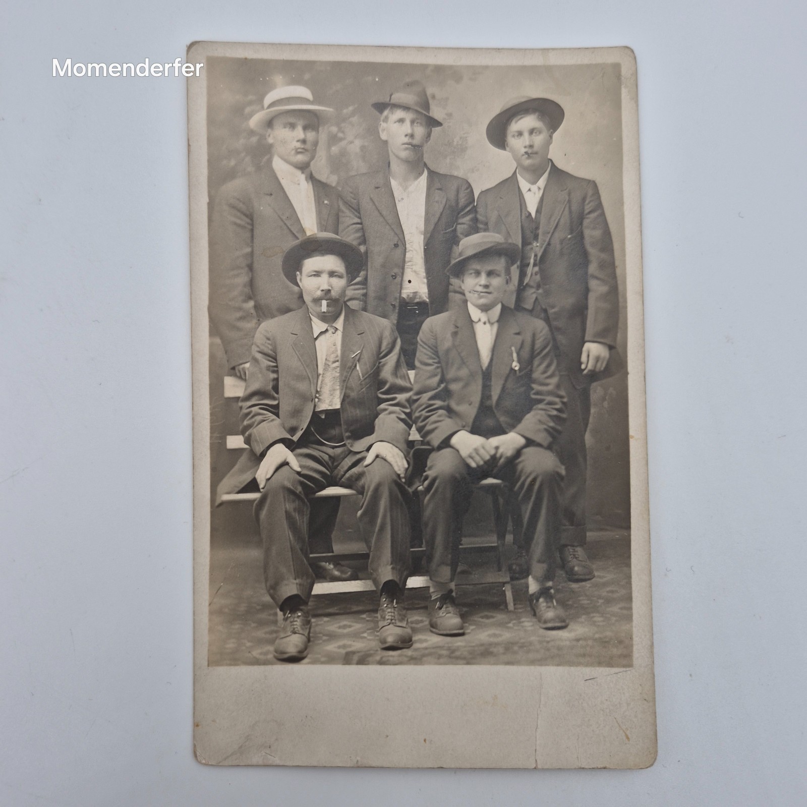 Antique RPPC Five Men in Hats Smoking Studio Group Photo AZO c1910s Postcard