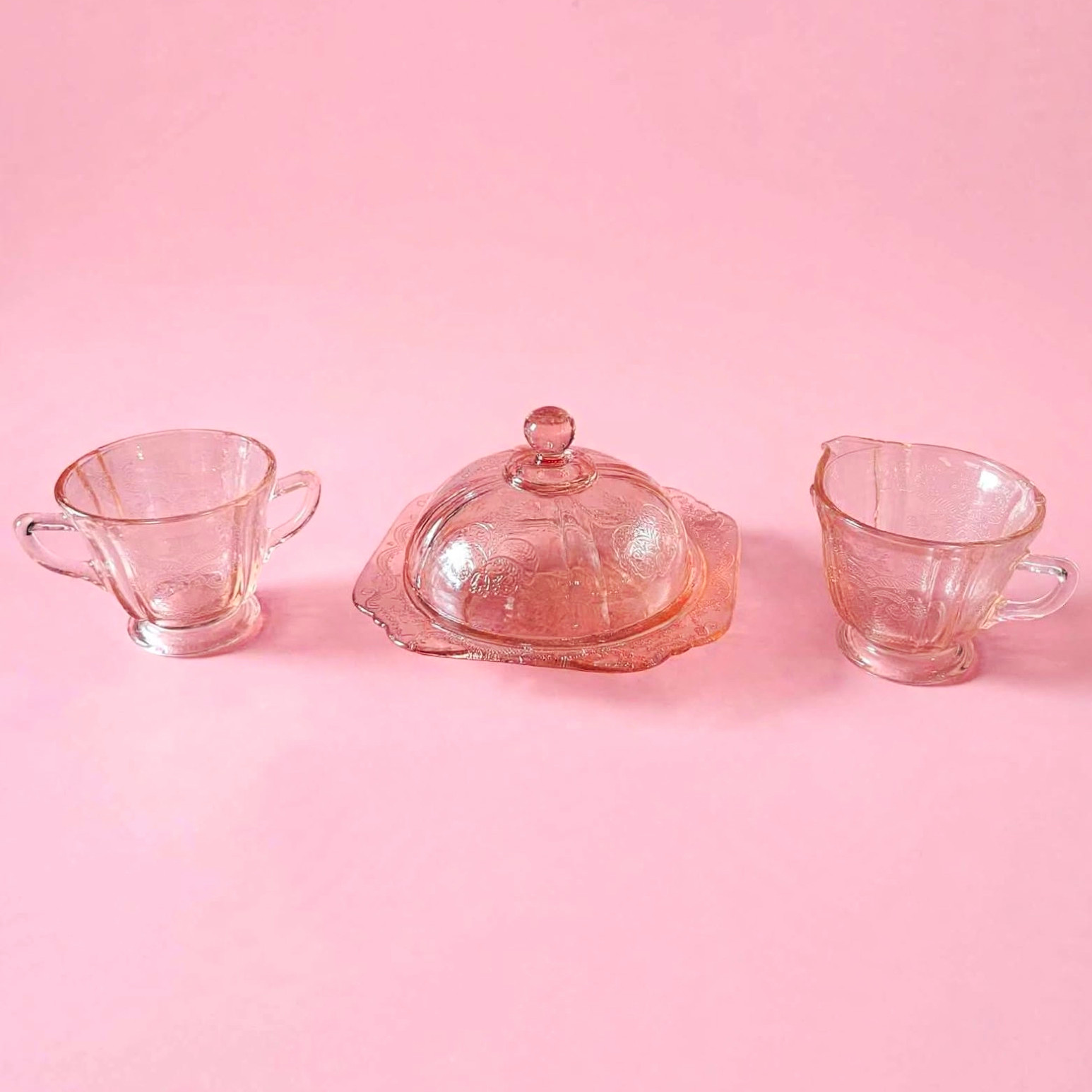 1930s Federal Glass Co. Madrid Pink Depression Creamer/Sugar Bowl, Butter Dish 1930s Federal Glass Co. Madrid Pink Depression Creamer/Sugar Bowl, Butter Dish