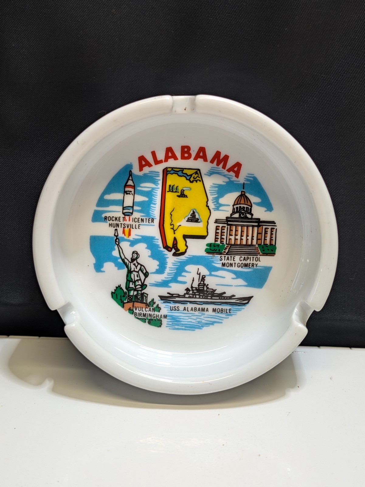 Vintage Alabama Souvenir Ceramic Ashtray Huntsville Vulcan Montgomery Gold Rim
