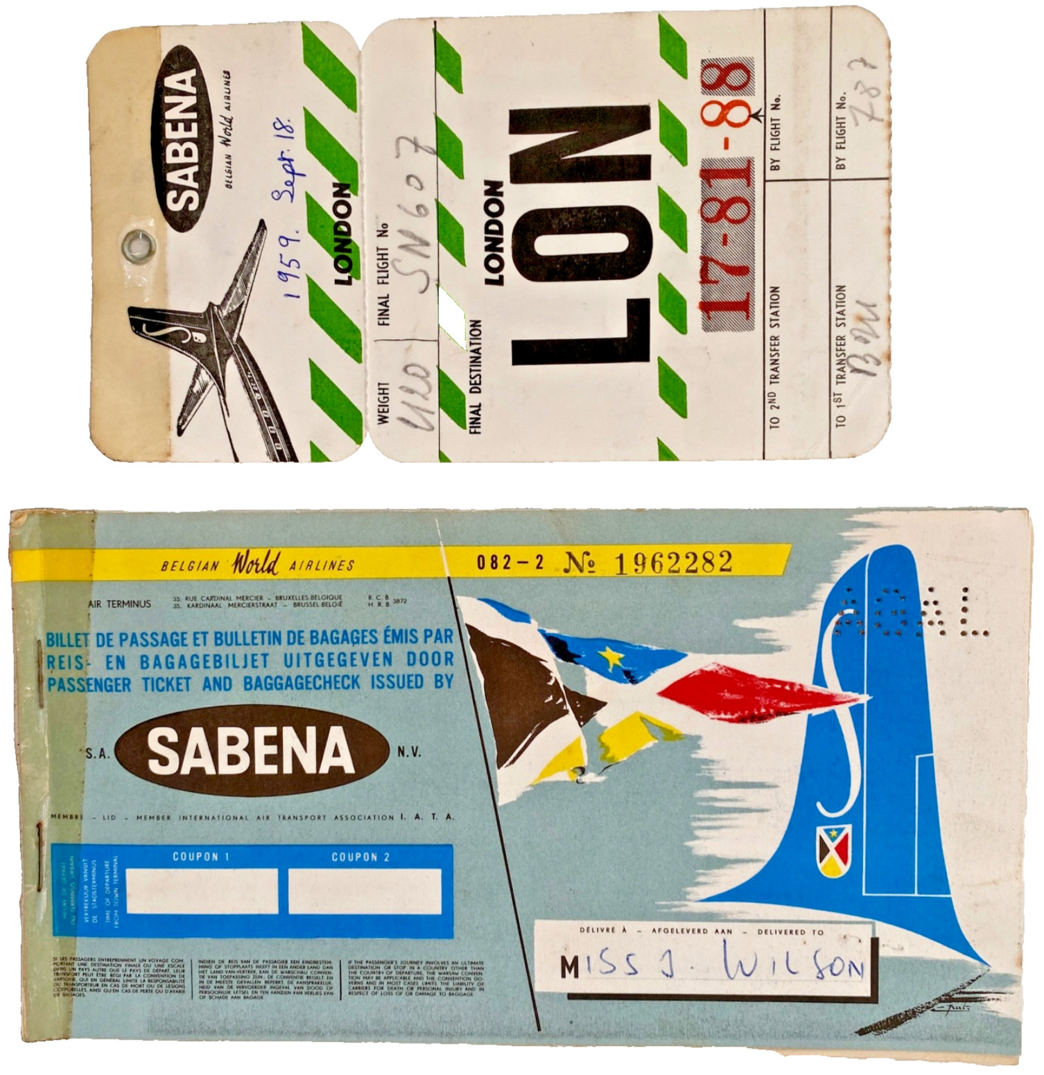 1959 SABENA Passenger Ticket Booklet & London Baggage Tag Belgium