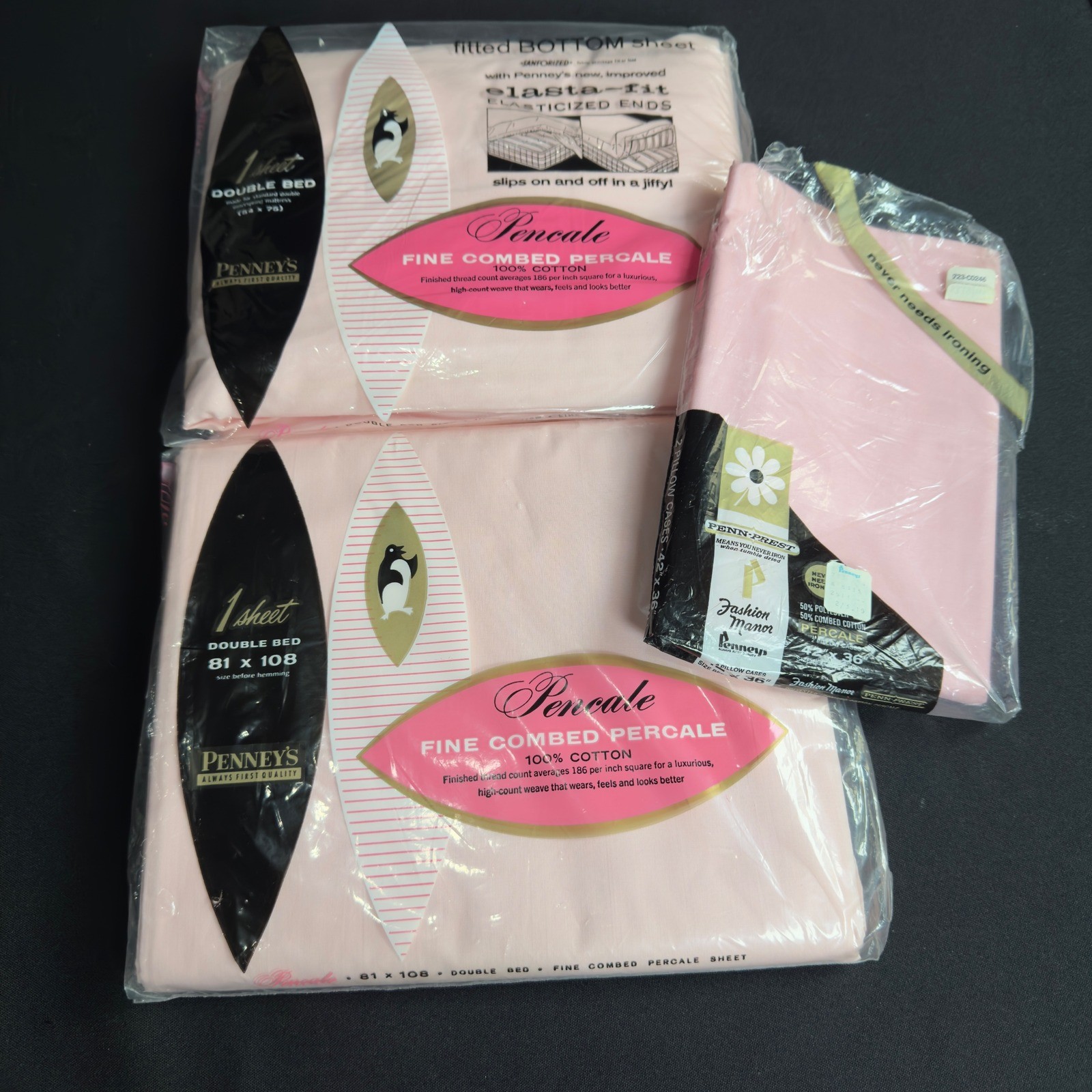 VTG JC Penney Pink Cotton Percale Double Bed Sheet Set & 1 Pillow Case Deadstock VTG JC Penney Pink Cotton Percale Double Bed Sheet Set & 1 Pillow Case Deadstock