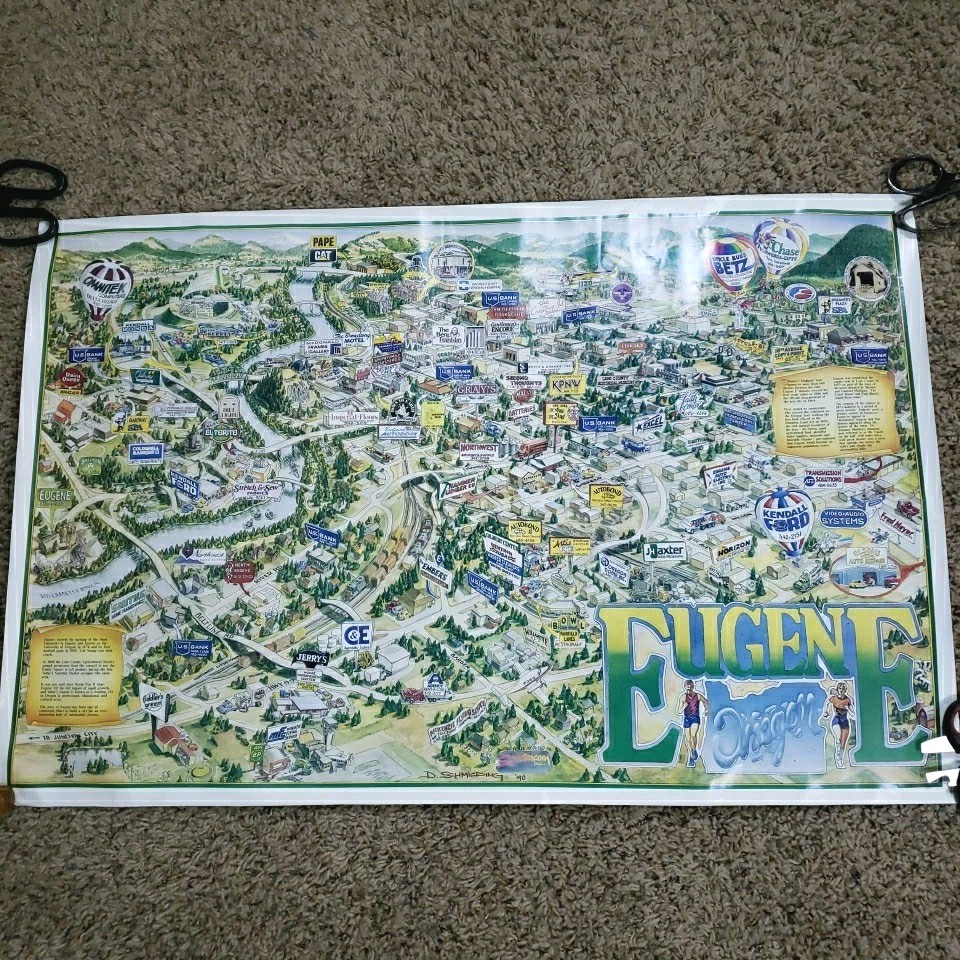 Eugene Oregon 1990 City Map Poster Cartoon 31” x 20\