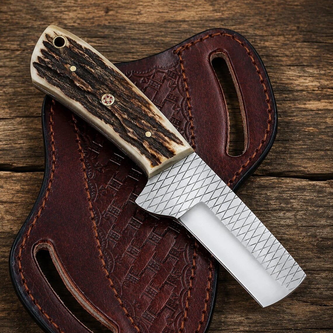 Custom Hand Forged File Knife Fixed Blade Razor Cleaver Hunting EDC Stag Handle