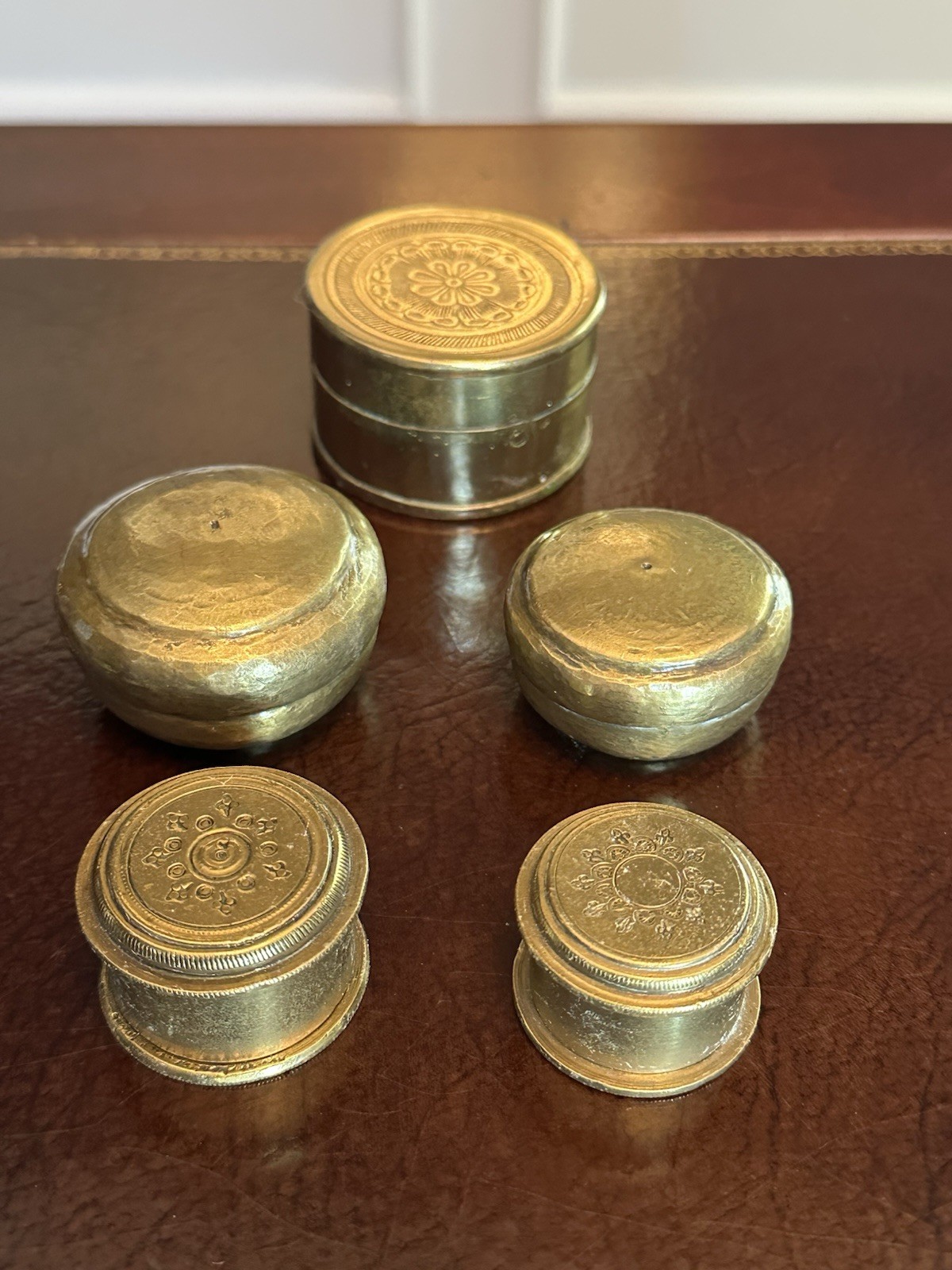 Vintage Lot Round Brass Trinket Pill Boxes Set of 5 with engraved and dome lids