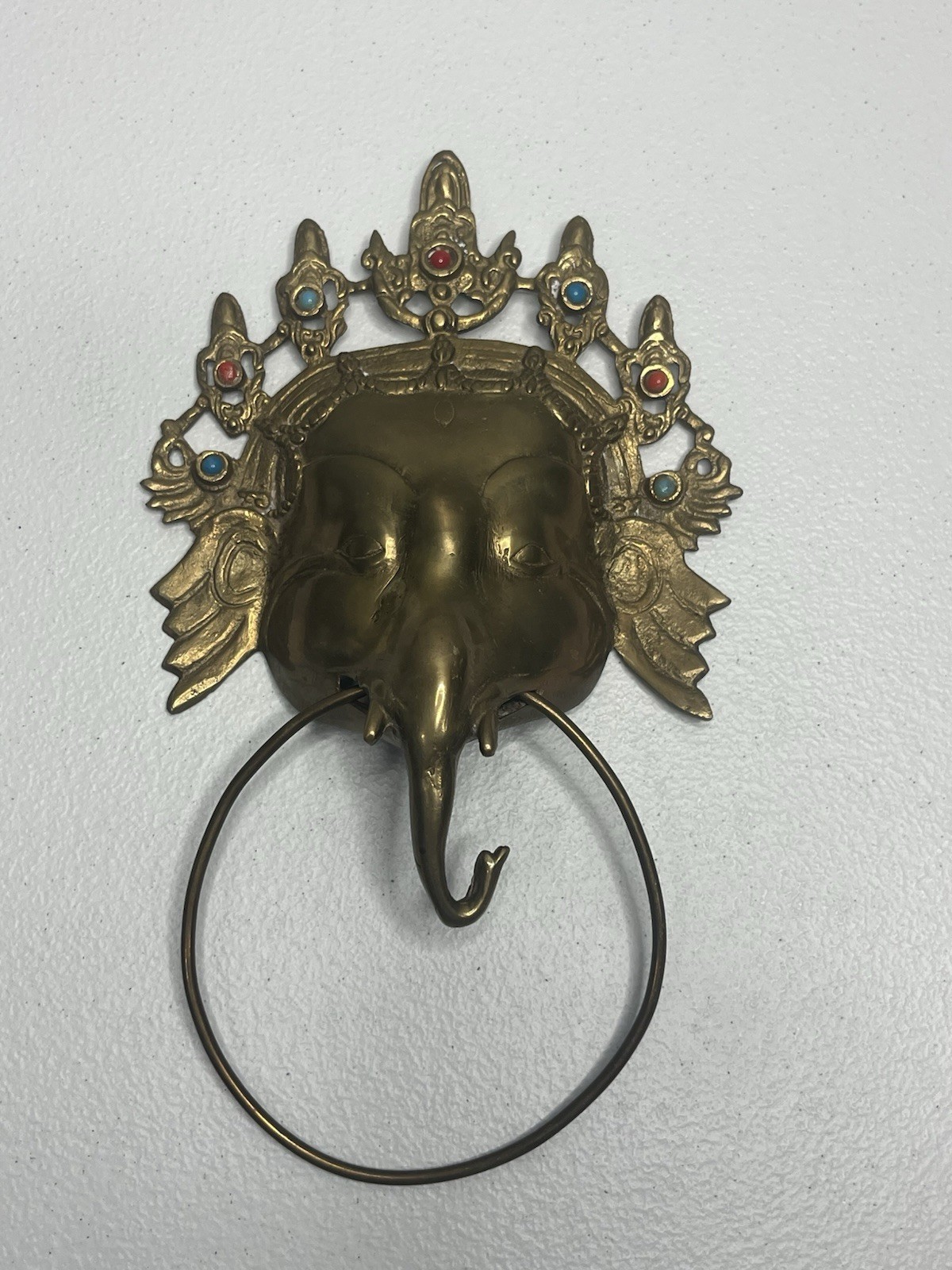 Vtg Brass Elephant Towel Holder Door Knocker Wall Decor Turquoise Coral Tibetan?