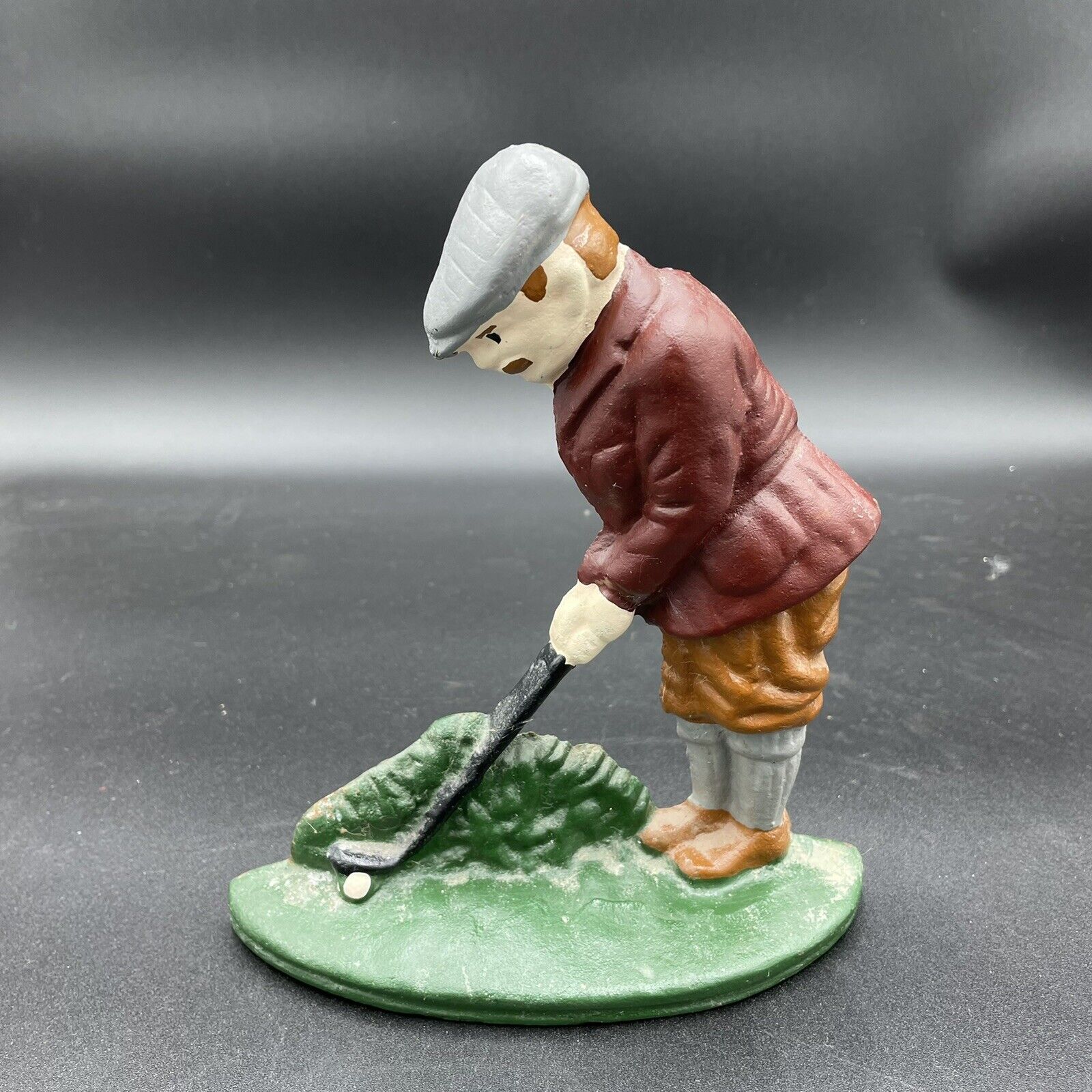 Vintage Cast Iron Doorstop Golfer And Bush Or Green 8” By 6.5”