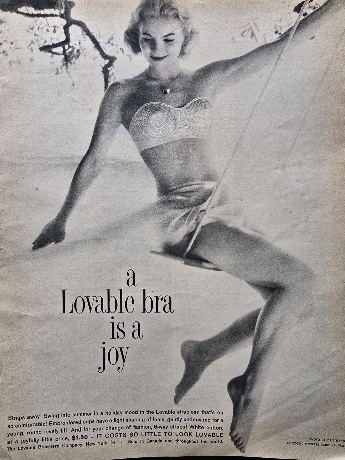 1958 Women\'s Lovable Strapless Bra Is A Joy Blonde on Swing Vintage Fashion Ad