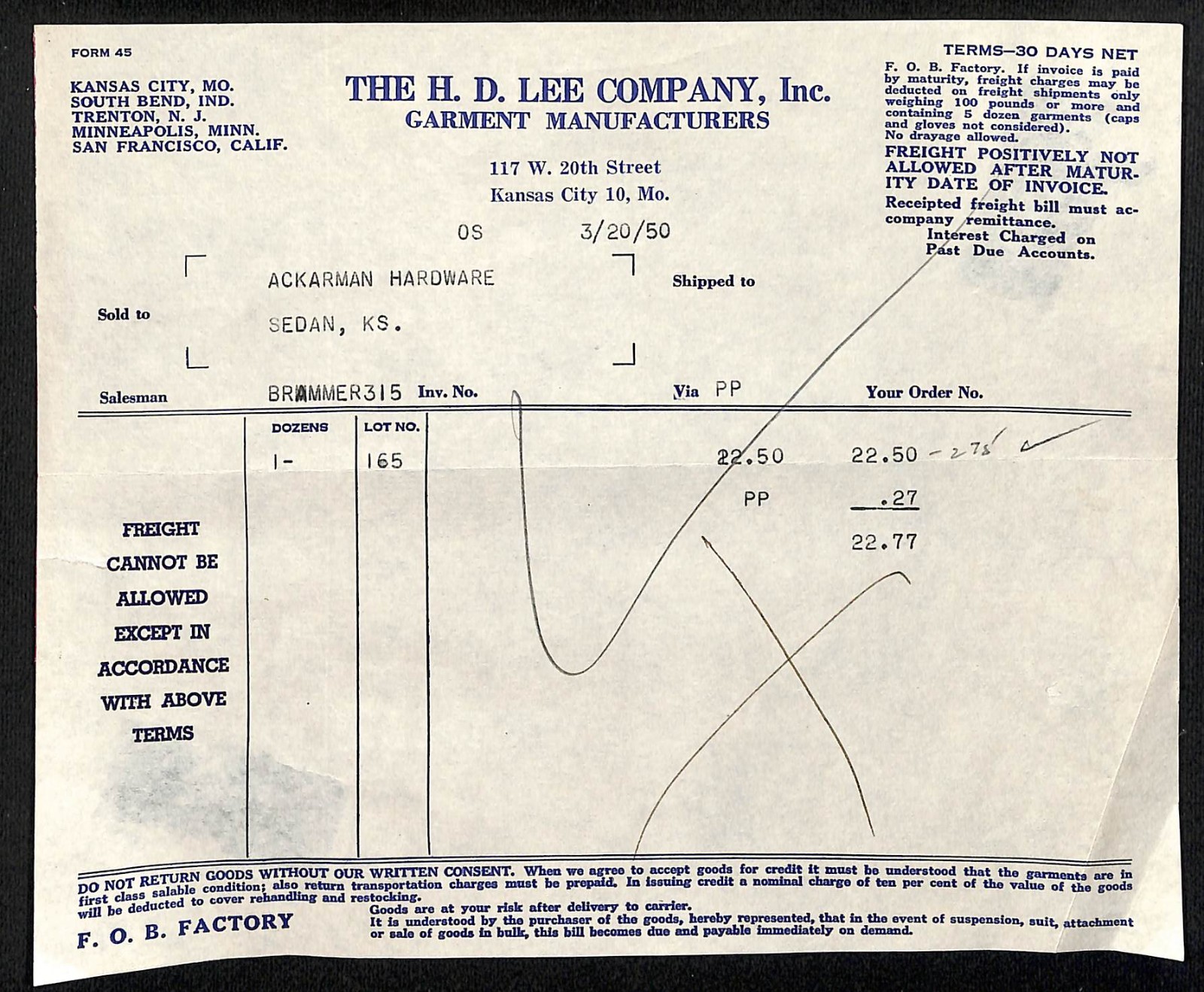H.D. Lee Company (Lee Jeans) Kansas City, MO 1950 Invoice / Billhead