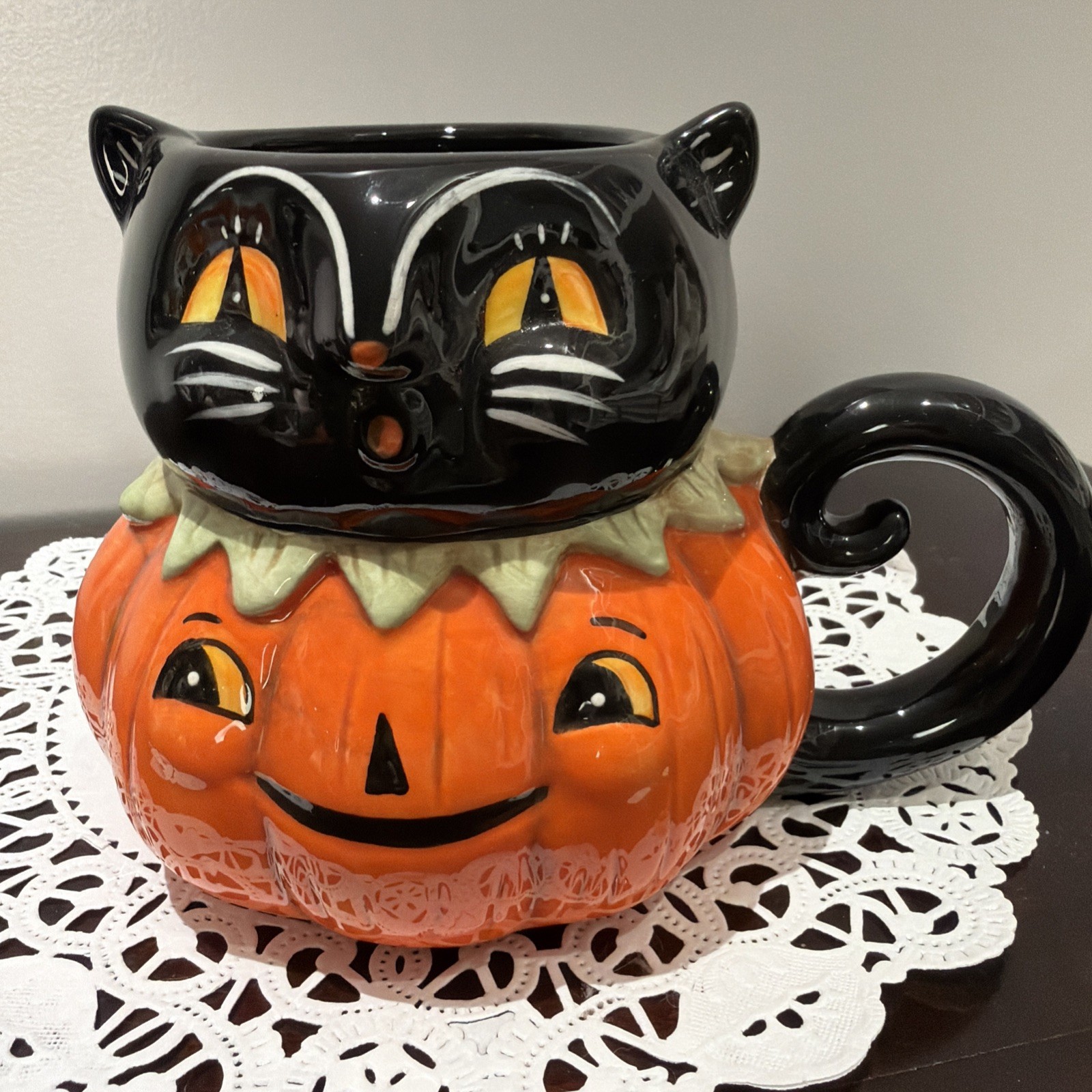 Johanna Parker Smiling Black Cat Pumpkin Mug from Transpac. FS