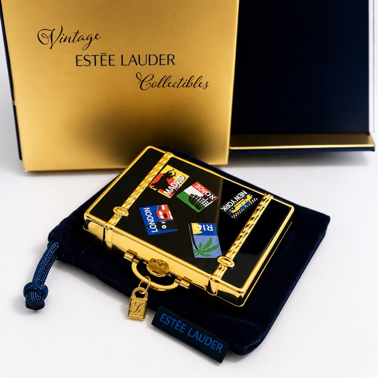 Estee Lauder 1994 Around the World Suitcase Solid Perfume Compact Gold MIB Mint Estee Lauder 1994 Around the World Suitcase Solid Perfume Compact Gold MIB Mint