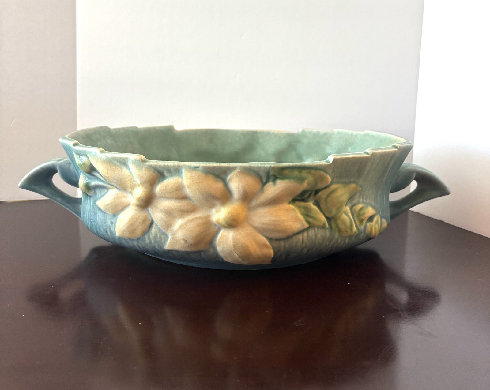 VINTAGE ROSEVILLE USA POTTERY CLEMATIS CONSOLE BOWL BLUE MCM 461-14\ VINTAGE ROSEVILLE USA POTTERY CLEMATIS CONSOLE BOWL BLUE MCM 461-14\