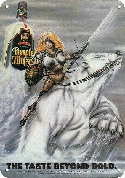 1986 RUMPLE MINZE & SEXY WOMAN Rides POLAR BEAR DECORATIVE REPLICA METAL SIGN 1986 RUMPLE MINZE & SEXY WOMAN Rides POLAR BEAR DECORATIVE REPLICA METAL SIGN