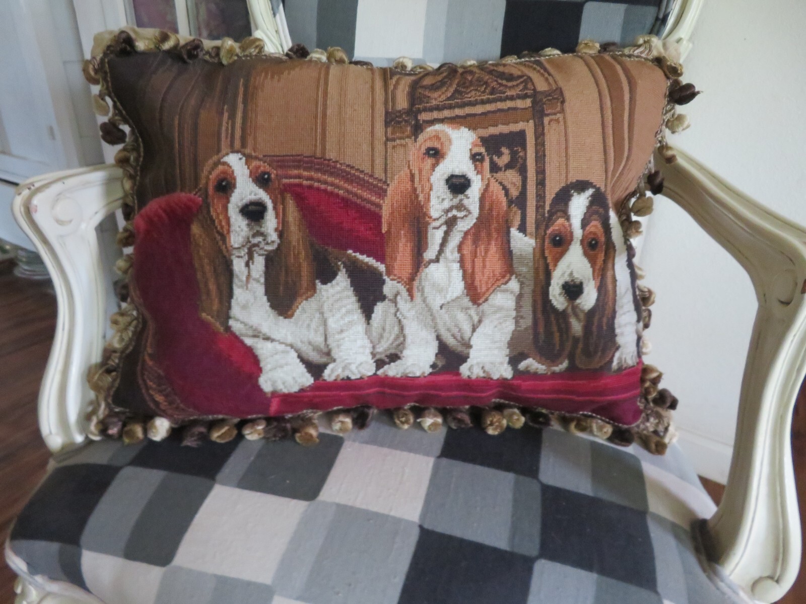 Vintage Aubusson style Basset Hounds on a Victorian Sofa Needlepoint Pillow