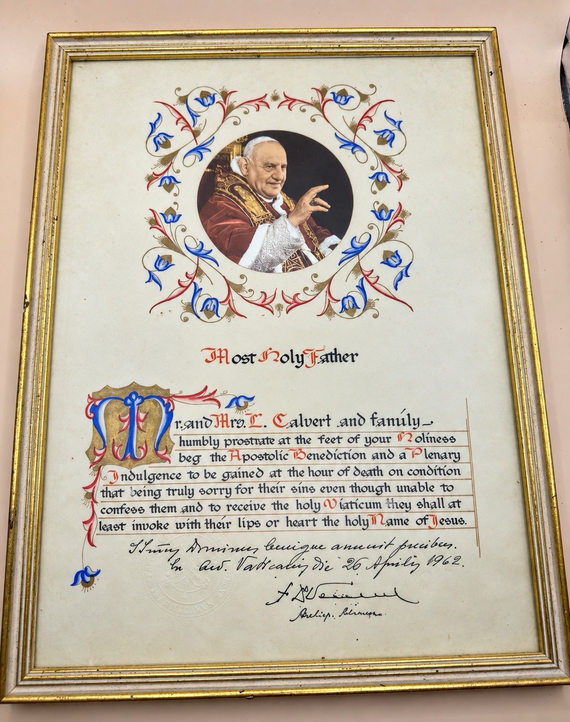 1962 Pope John XXIII Papal Apostolic Blessing Vatican Framed Certificate