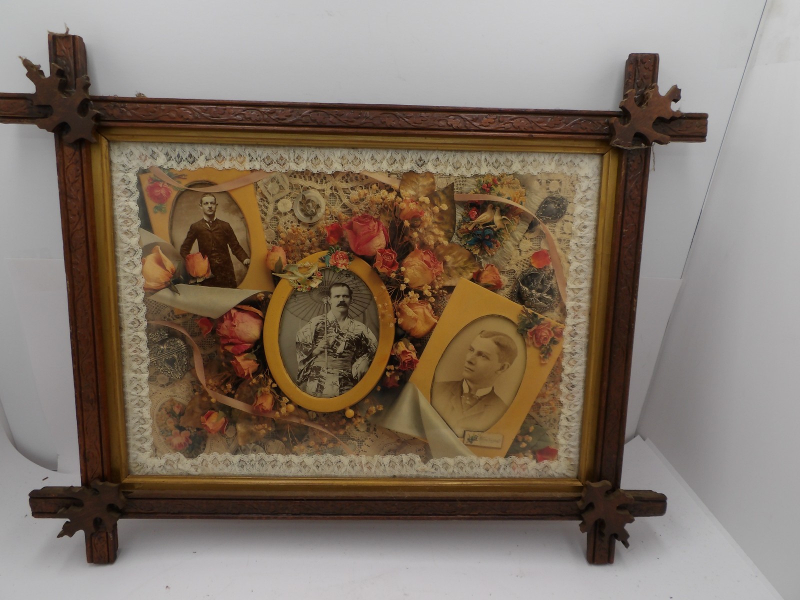 VTG Victorian Memory Frame Mixed Media Dried Flowers Photo Collage Cabinet Cards