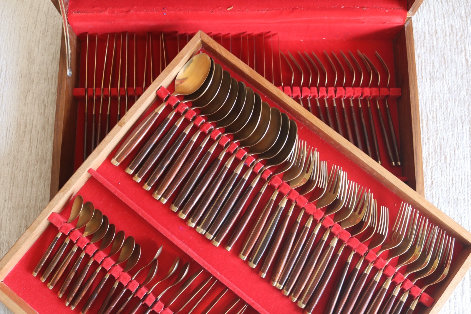 Vintage Thai-Bronze Flatware 144 Pc Set Wood Handles Chest Circa 1970s