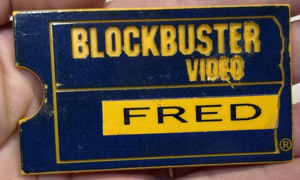 USED Authentic Blockbuster Video Store Name Tag 1990\'s-2000\'s Vintage Badge FRED USED Authentic Blockbuster Video Store Name Tag 1990\'s-2000\'s Vintage Badge FRED