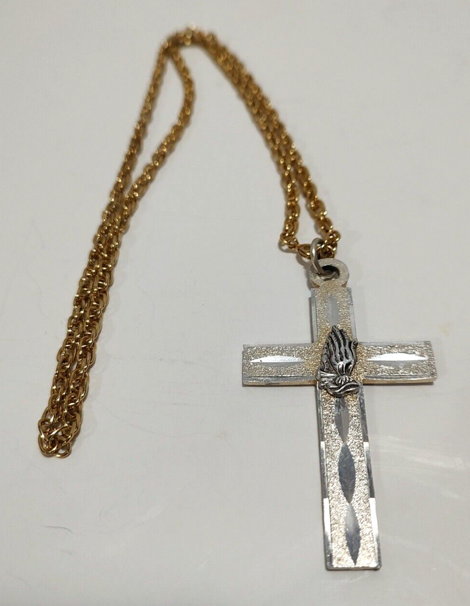Vtg 1940s Italy Ste Anne De Beaupre Praying Hands Cross Pendant Chain Necklace