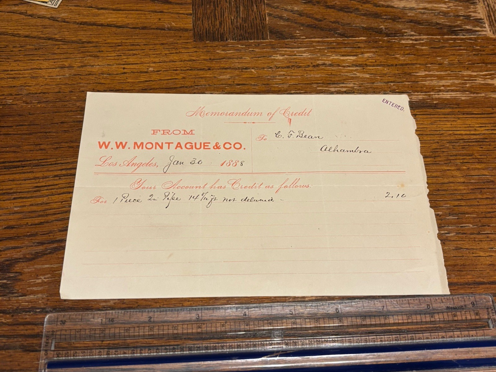 1888 Los Angeles CA Billhead Receipt W W Montague Pipe Sold To Mr Bean, Alhambra