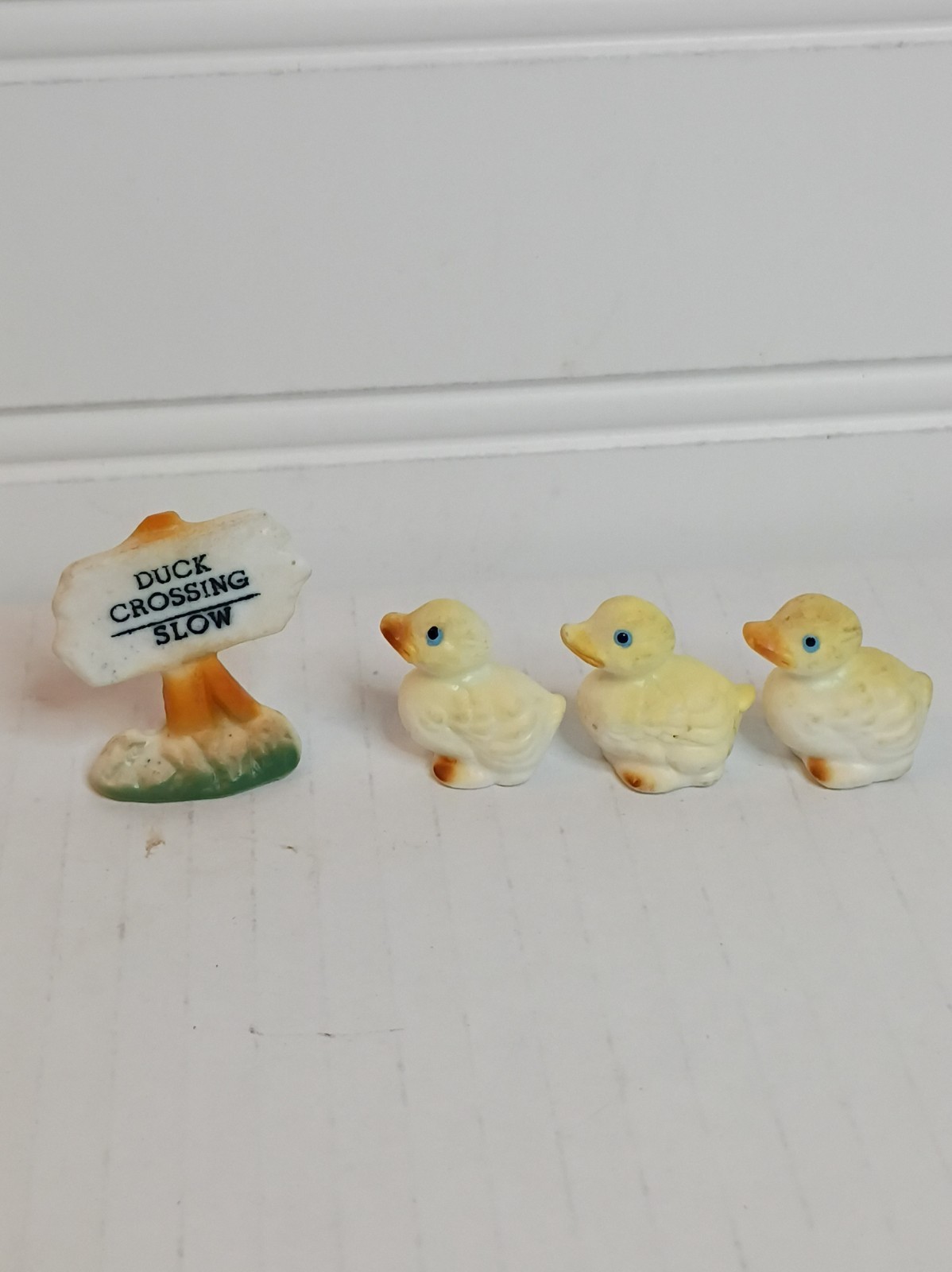 Vintage Ducklings Duck Crossing Sign Figurines Fine Bone China Miniature Japan