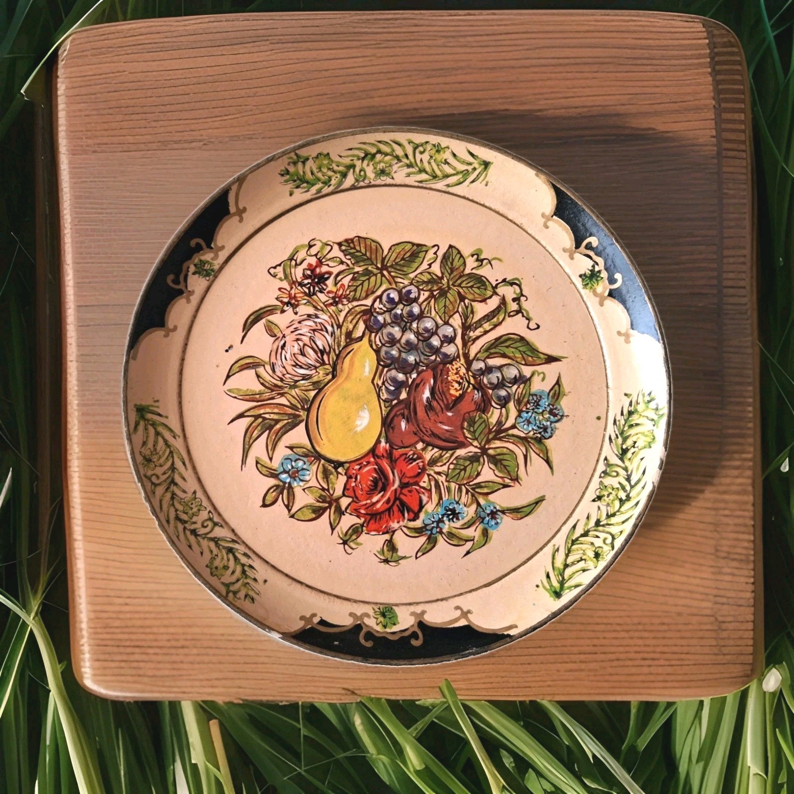 1950s Japanese Tole Hand Painted Fruit Floral Plate Tray Paper Mache Cottage VTG