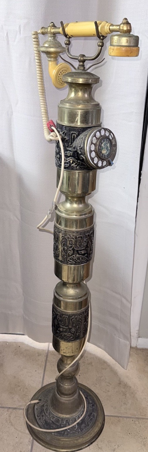 Vintage 1970s Brass Pedestal Rotary Floor Phone Hollywood Regency Working 42”
