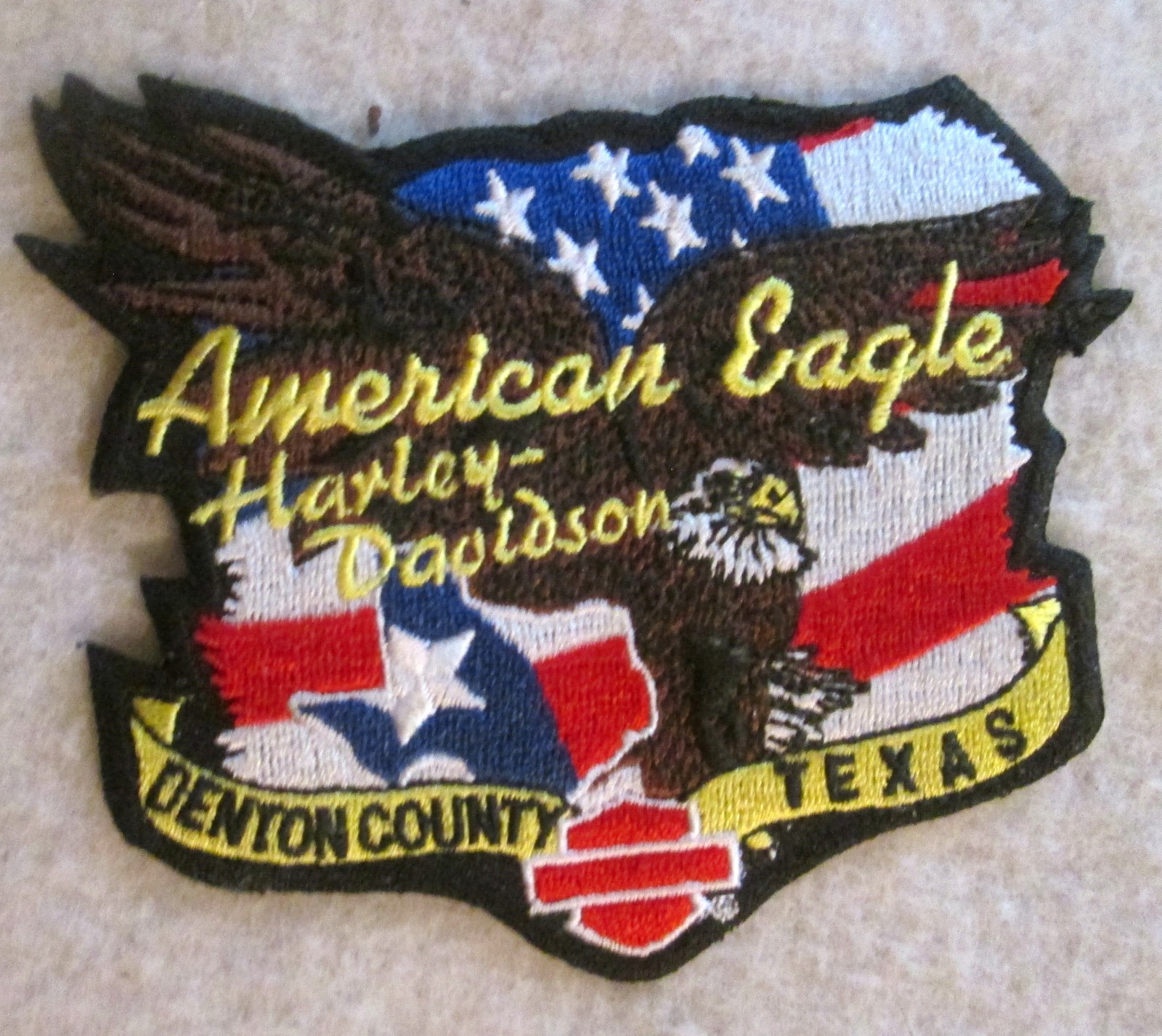 Harley Davidson Eagle wings Patch Jacket HOG Texas Flag Bar & Shield DENTON, TX Harley Davidson Eagle wings Patch Jacket HOG Texas Flag Bar & Shield DENTON, TX
