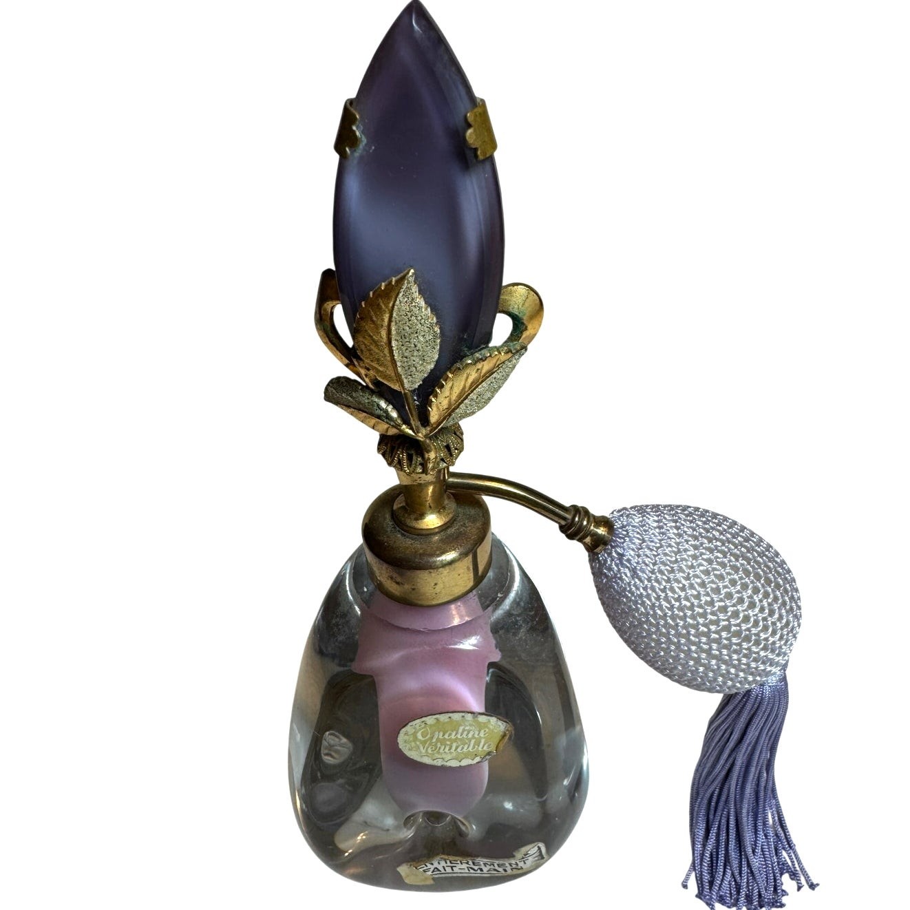 Vintage Irice Cased Opaline Glass Perfume Atomizer with Tassel Bulb