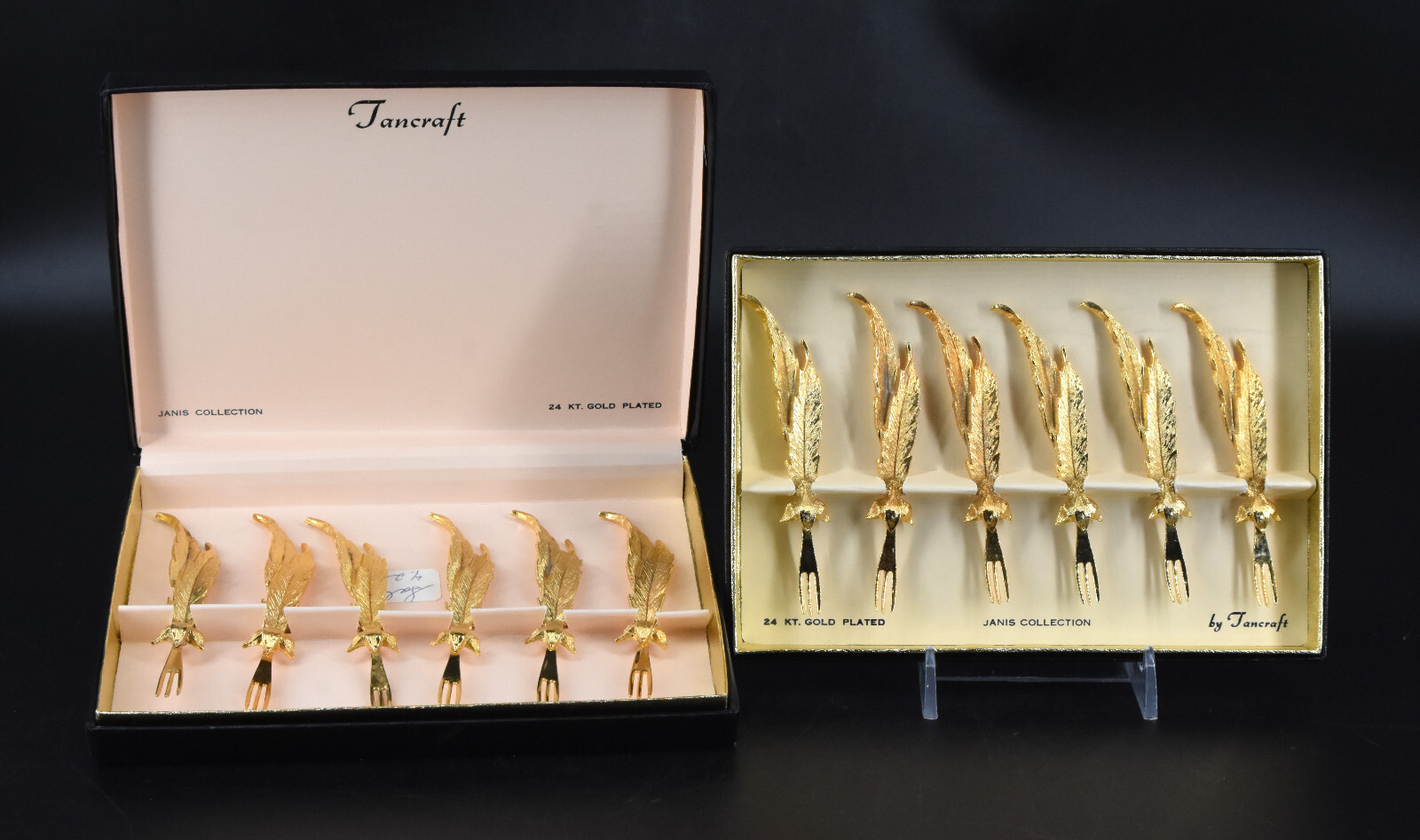12 VTG Tancraft Janis 24K Gold Plated Hors D\'Oeuvres Forks Feather Handles