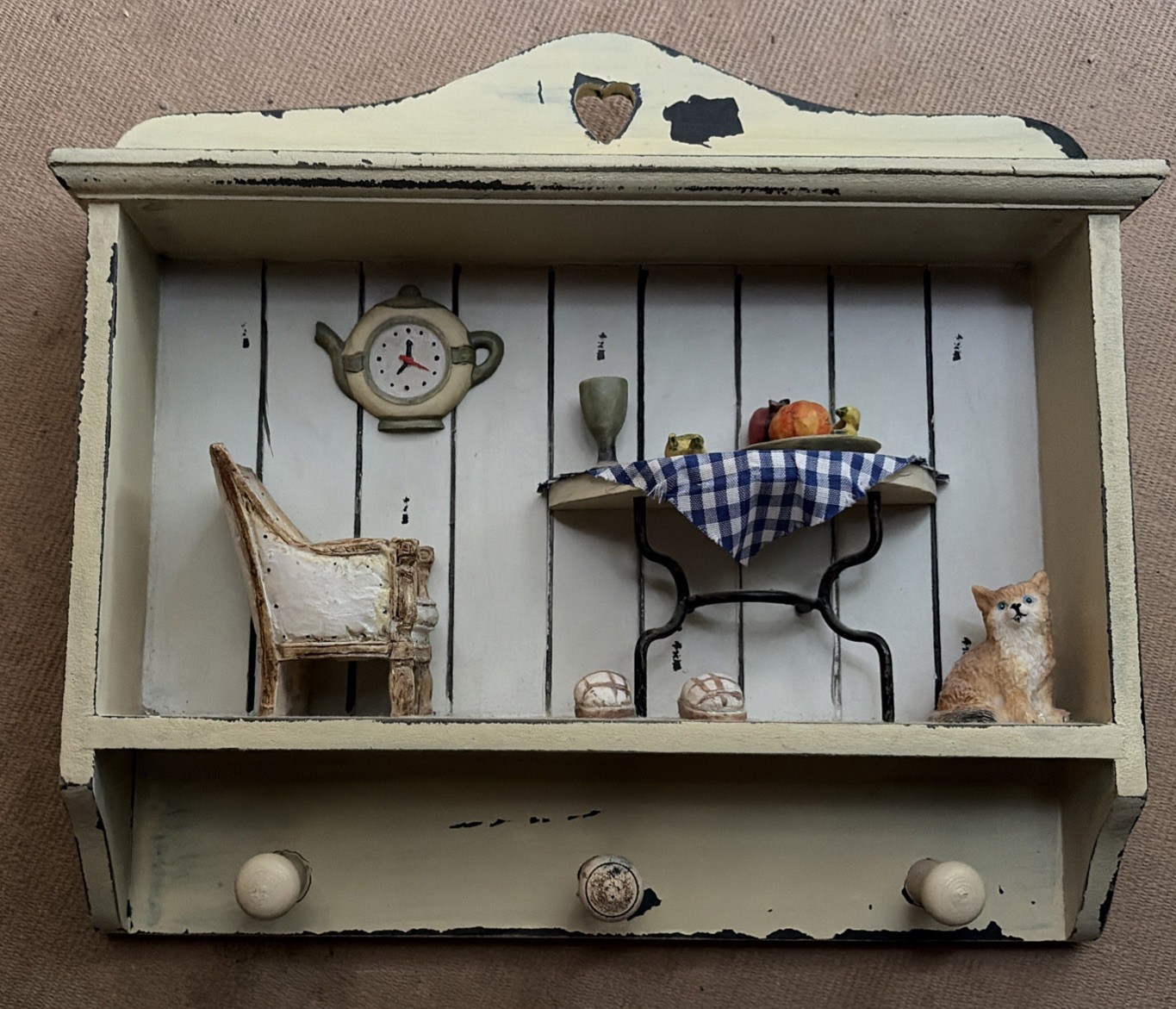 VTG Rustic Distressed 3D Shadow Box Diorama Art Wall Cottage-core aesthetic Cat