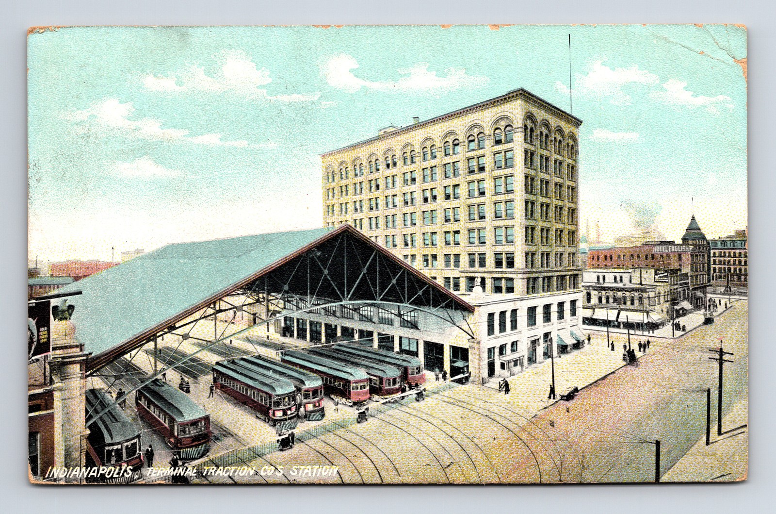 1907 Terminal Traction Co Trolley Car Train Station Indianapolis IN Postcard