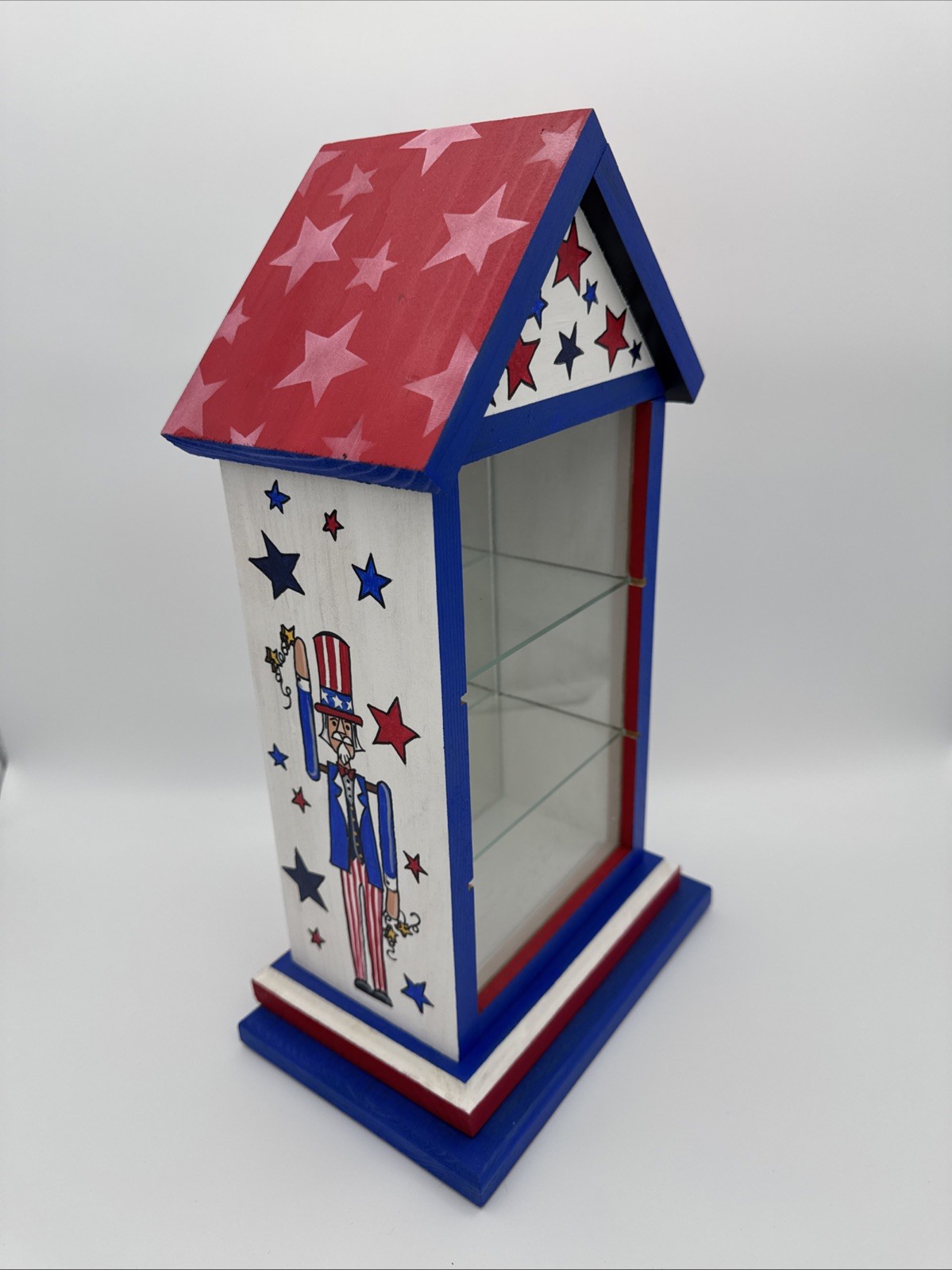 Wee Forest Folk 3 Shelf Display Case Patriotic Painted Wood Mirror Glass OOAK