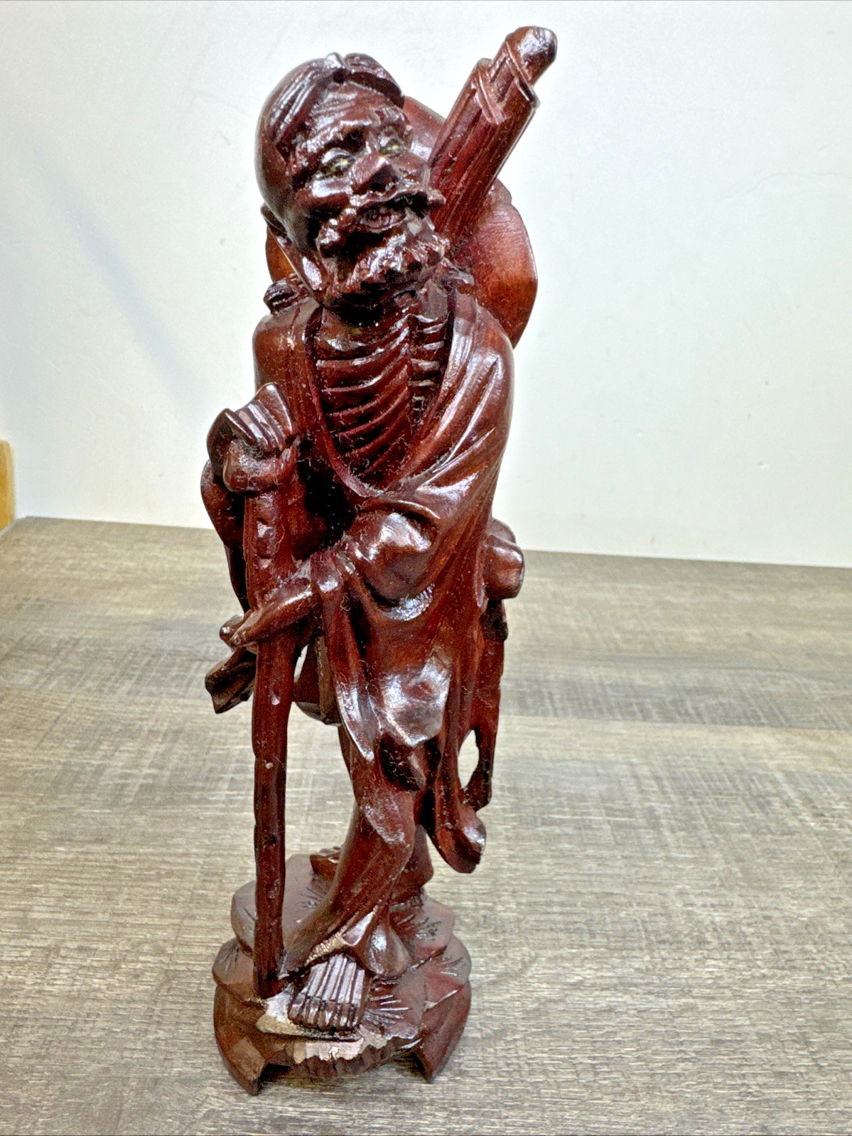 Vtg Old Hand Carved Wooden Chinese Statue Base God Li Tieguai 8 Immortals 8”Tall