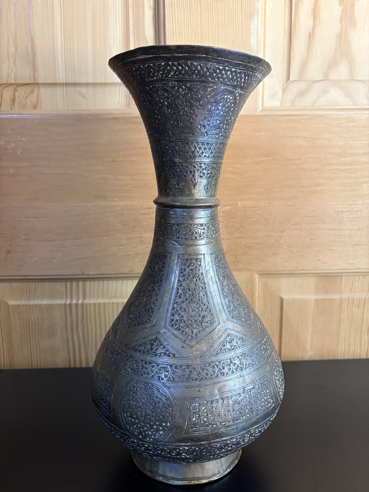 Antique Middle Eastern Engraved Metal Vase Islamic Qajar Persian Brass Copper
