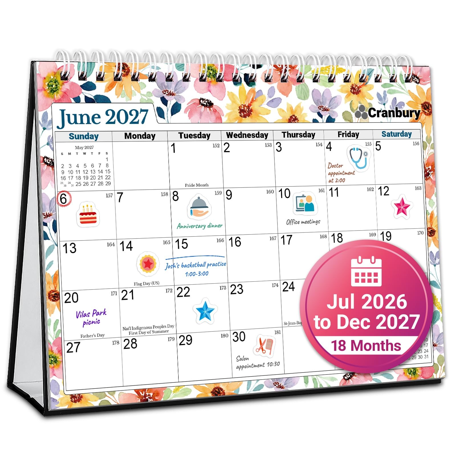 CRANBURY 2026-2027 Floral Desk Calendar 8x6 Standing Flip Planner 234 Stickers CRANBURY 2026-2027 Floral Desk Calendar 8x6 Standing Flip Planner 234 Stickers