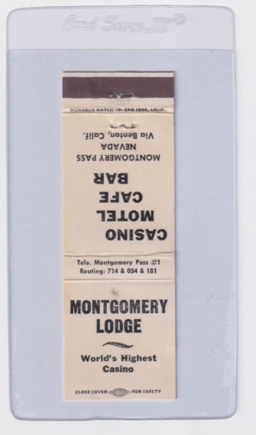 MONTGOMERY LODGE and CASINO - 1950\'s gaming matchcover - Montgomery Pass, Nevada