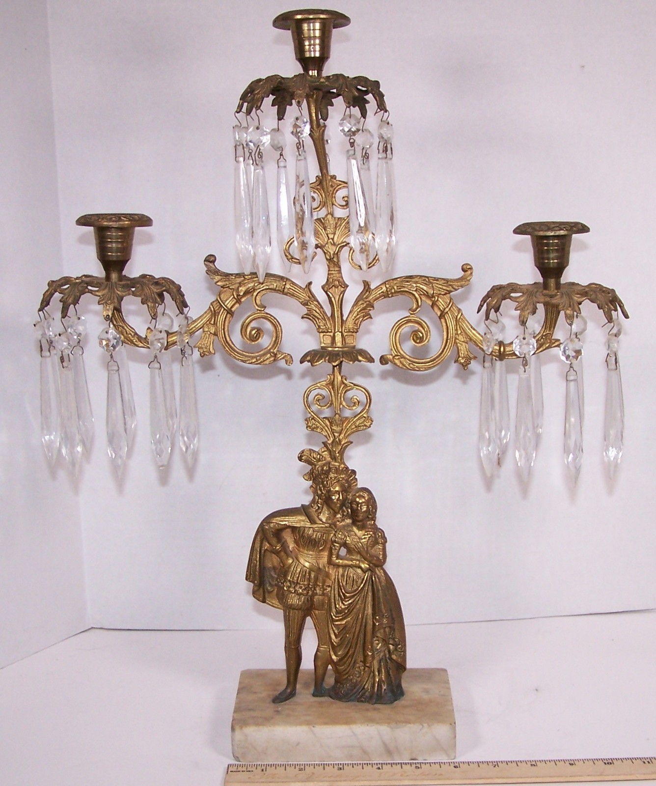 Antique Brass 3 Light Girandole Courtier and Lady with Prisms