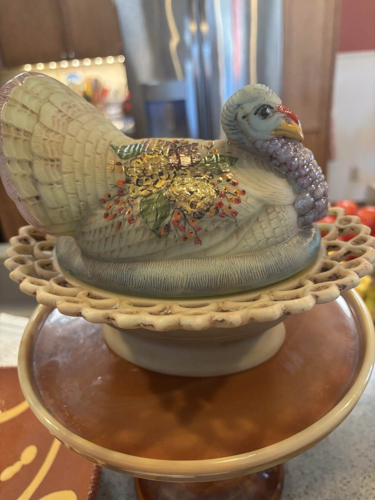 Mosser Glass Antiqued And Hand Painted Turkey On Basket Candy Dish Mosser Glass Antiqued And Hand Painted Turkey On Basket Candy Dish