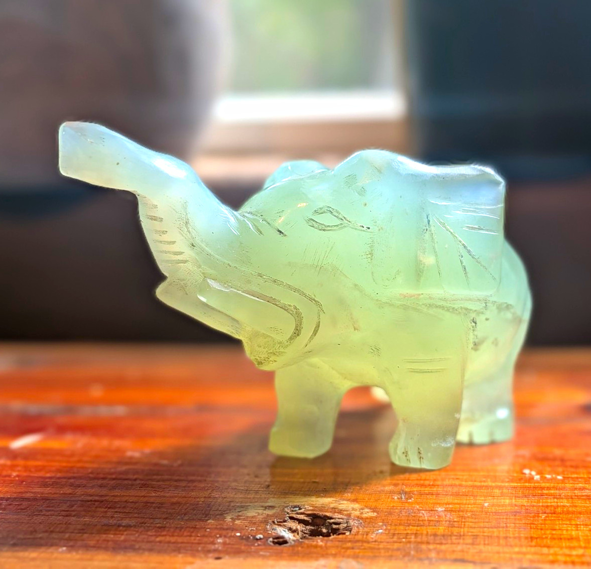 Jade Carved Elephant Figurine Statue with Raised Trunk Approx 2inx3.5