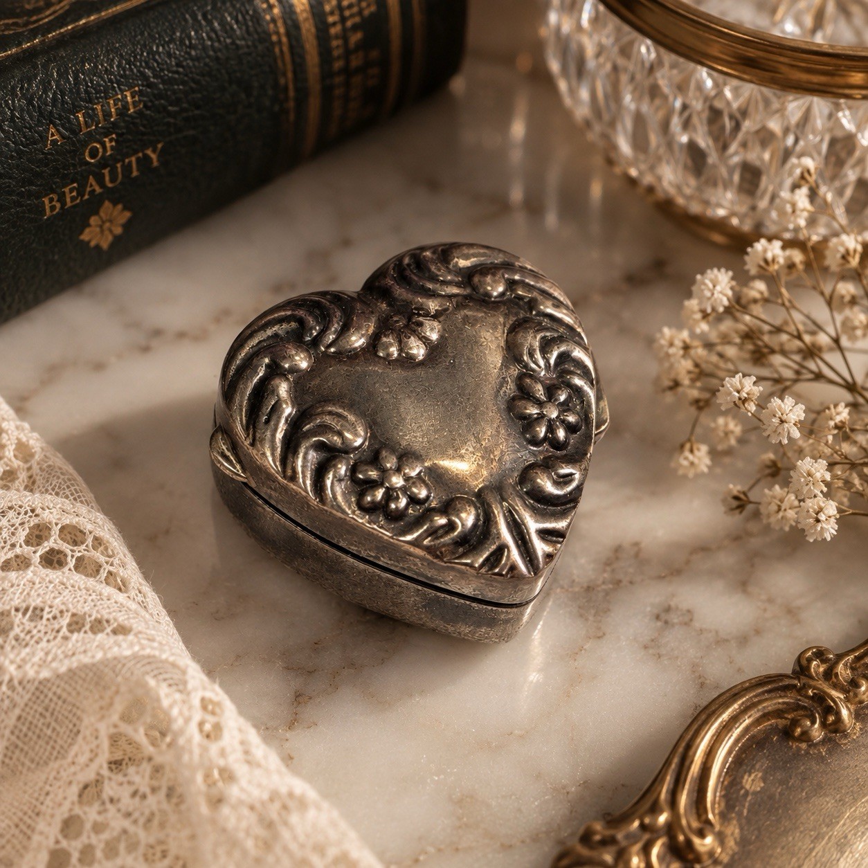 Vintage Silver Heart-Shaped Trinket Box – Floral Relief – 117 g