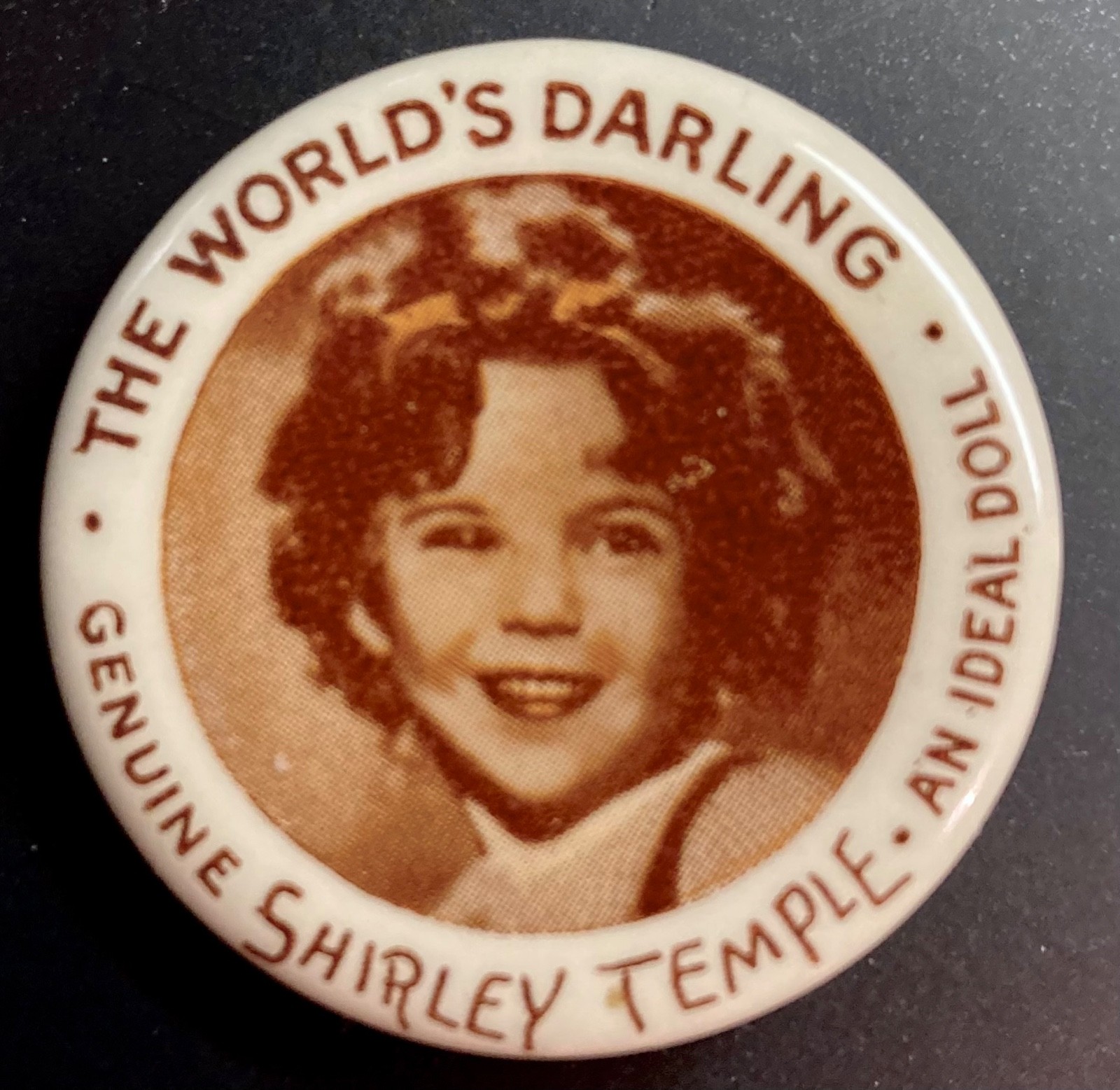 Vintage Genuine Shirley Temple The World's Darling pinback button, Ideal Toy Co.
