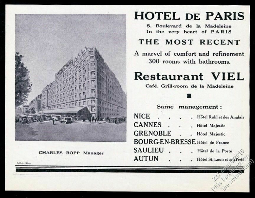 1928 Hotel de Paris pic vintage print ad