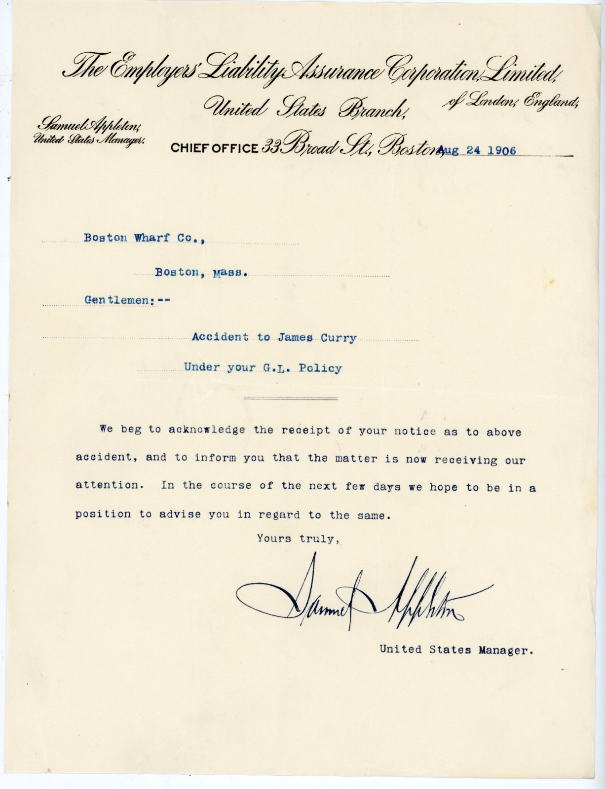 1906 Employers Liability Assurance Corp Letter Boston Wharf Co Samuel Appleton