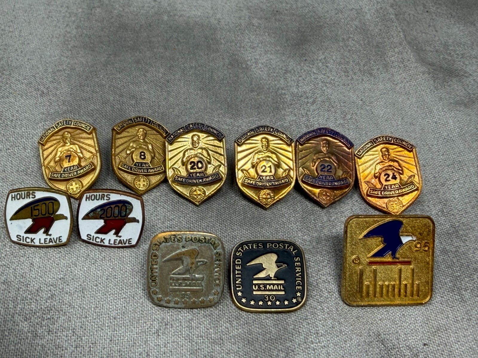 Vintage USPS Employee Award Pins Lot 11 Safe Driver Service Sick Leave Postal