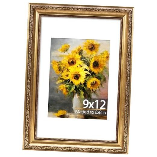 9x12 Vintage Picture Frame with 6x8 Mat, Elegant Retro 9 9x12 inch 1 Pack Gold